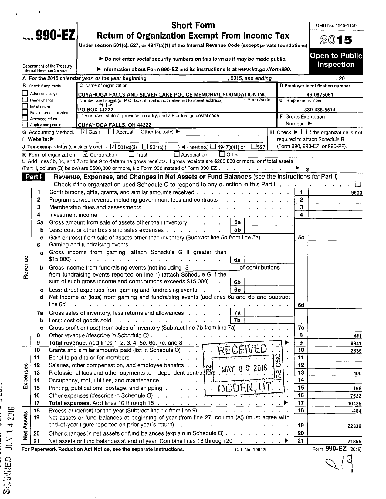 Image of first page of 2015 Form 990EZ for Cuyahoga Falls and Silver Lake Police Memorial Foundation