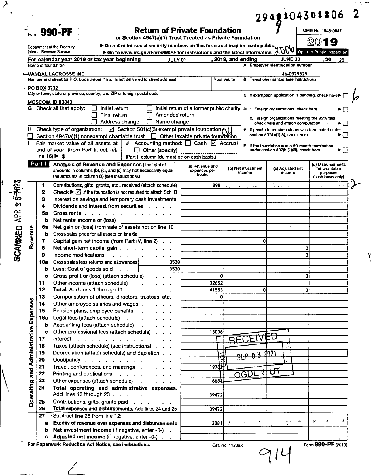 Image of first page of 2019 Form 990PF for Vandal Lacrosse