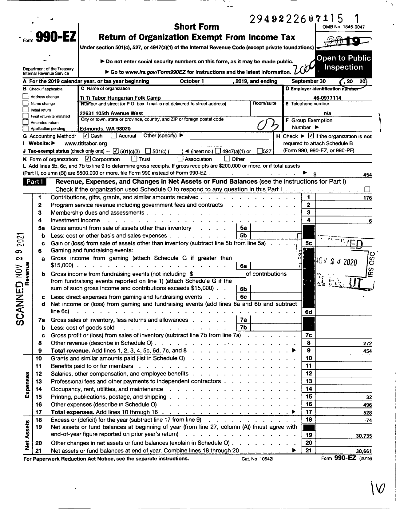 Image of first page of 2019 Form 990EZ for Ti Ti Tabor Hungarian Folk Camp