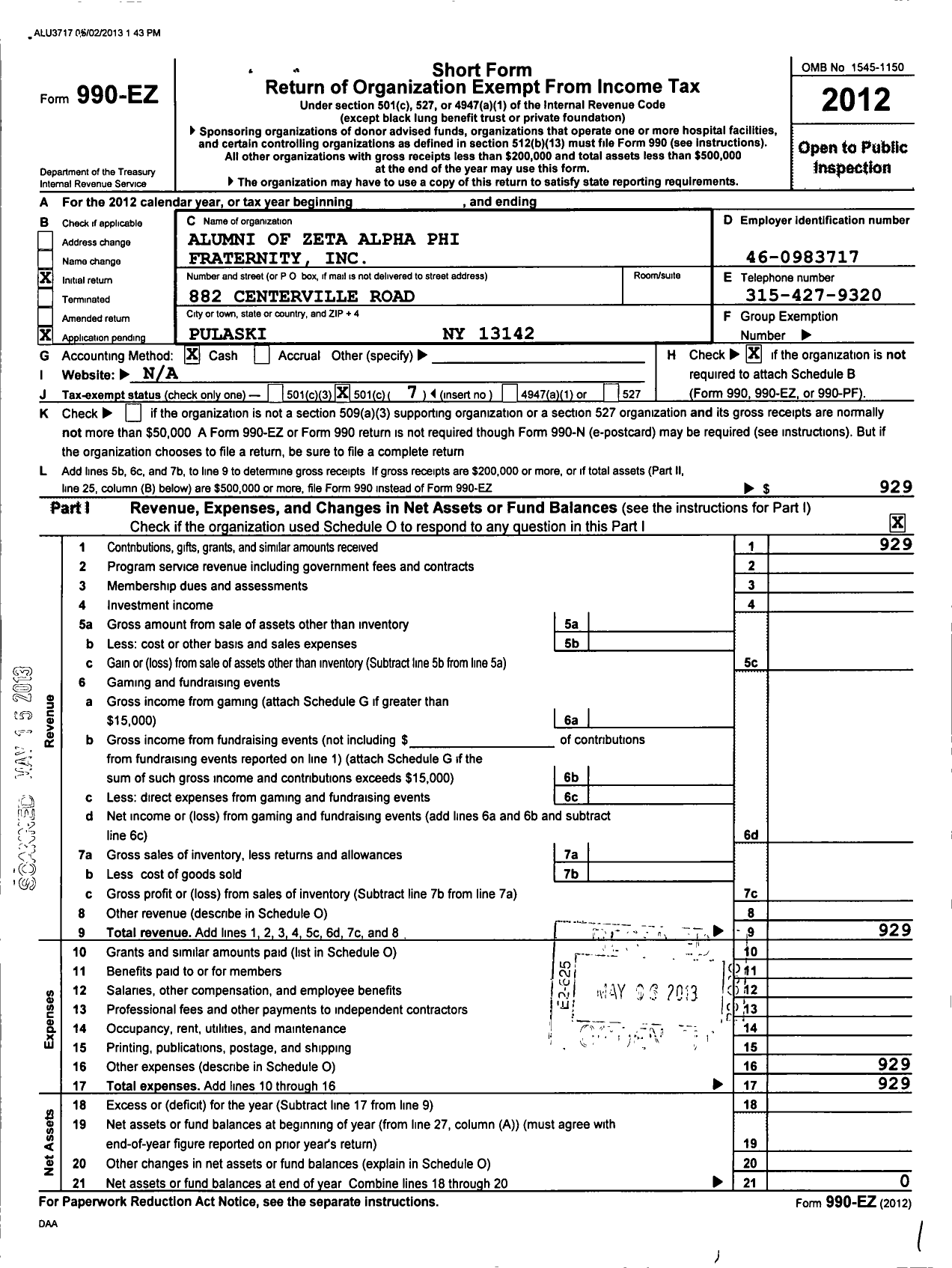 Image of first page of 2012 Form 990EO for Alumni of Zeta Alpha Phi Fraternity