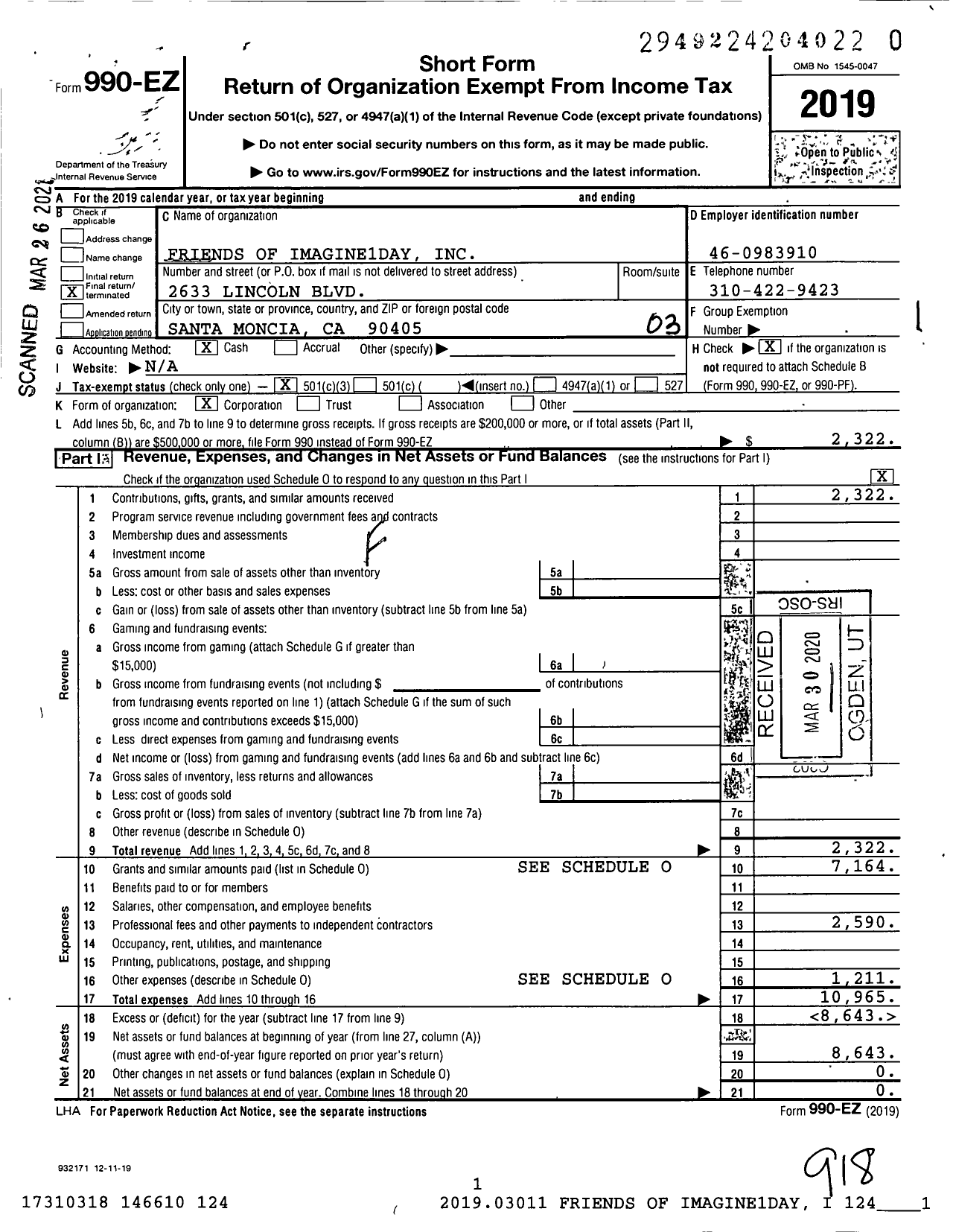 Image of first page of 2019 Form 990EZ for Friends of Imagine1Day