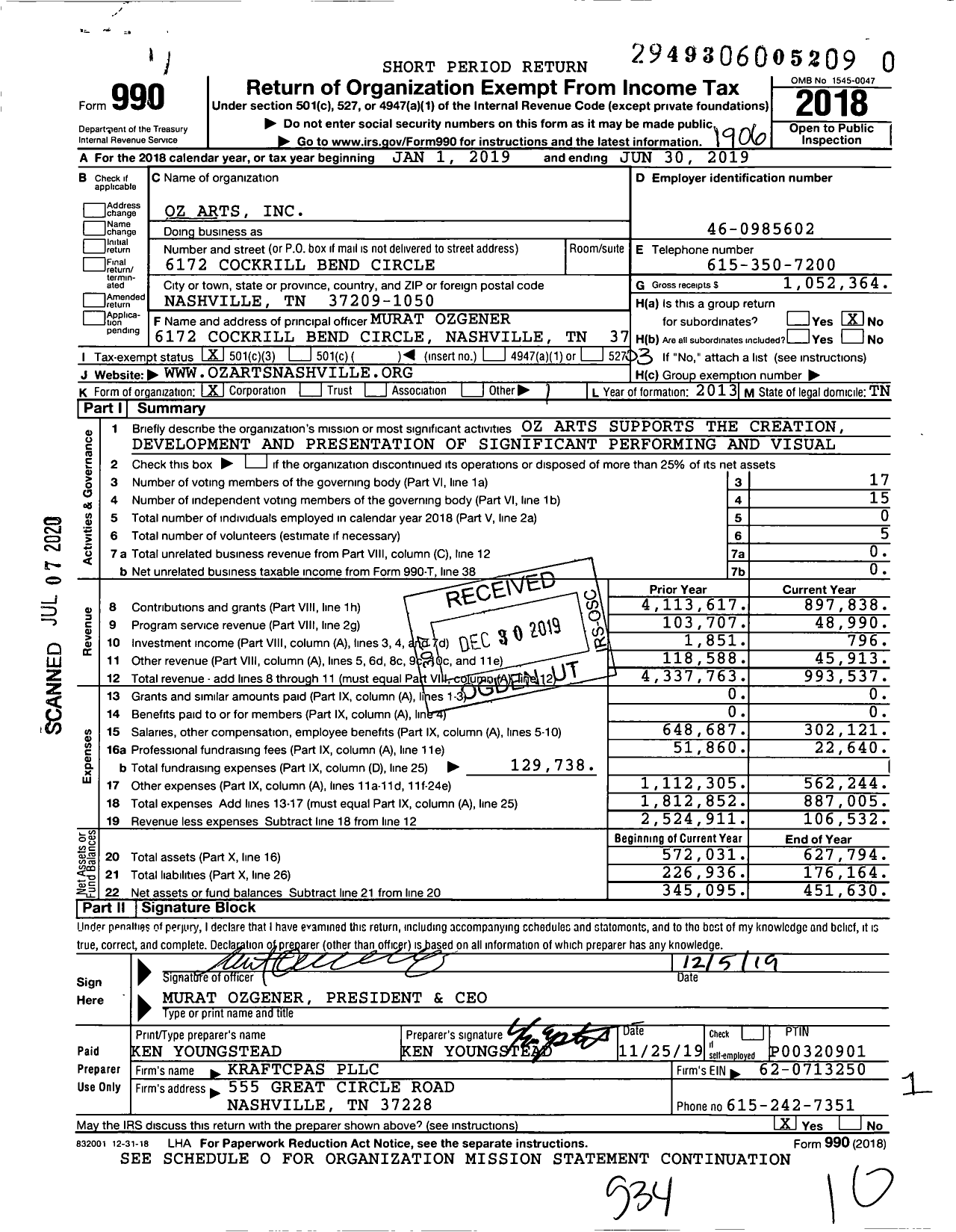 Image of first page of 2018 Form 990 for Oz Arts