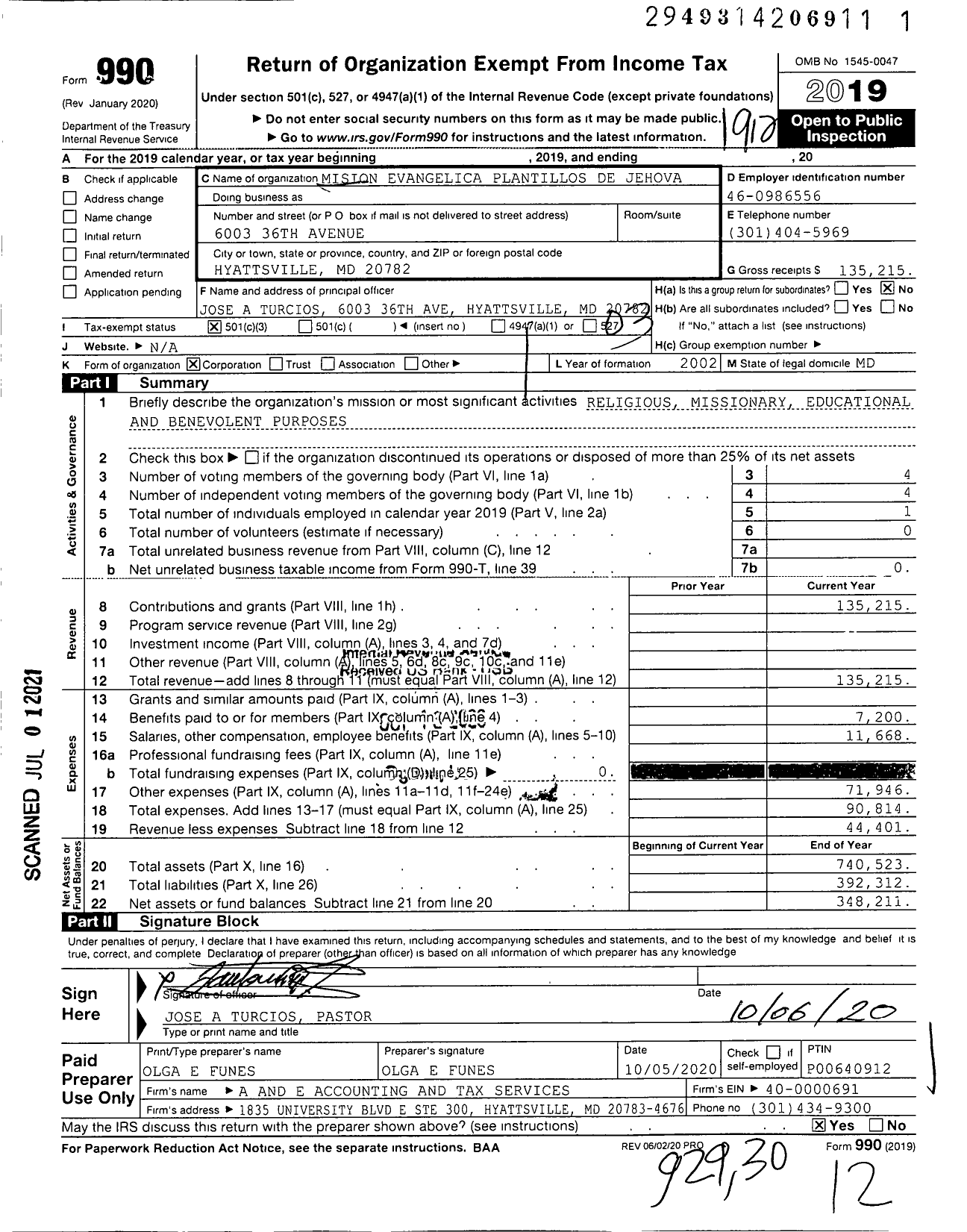 Image of first page of 2019 Form 990 for Mision Evangelica Plantios de Jehova