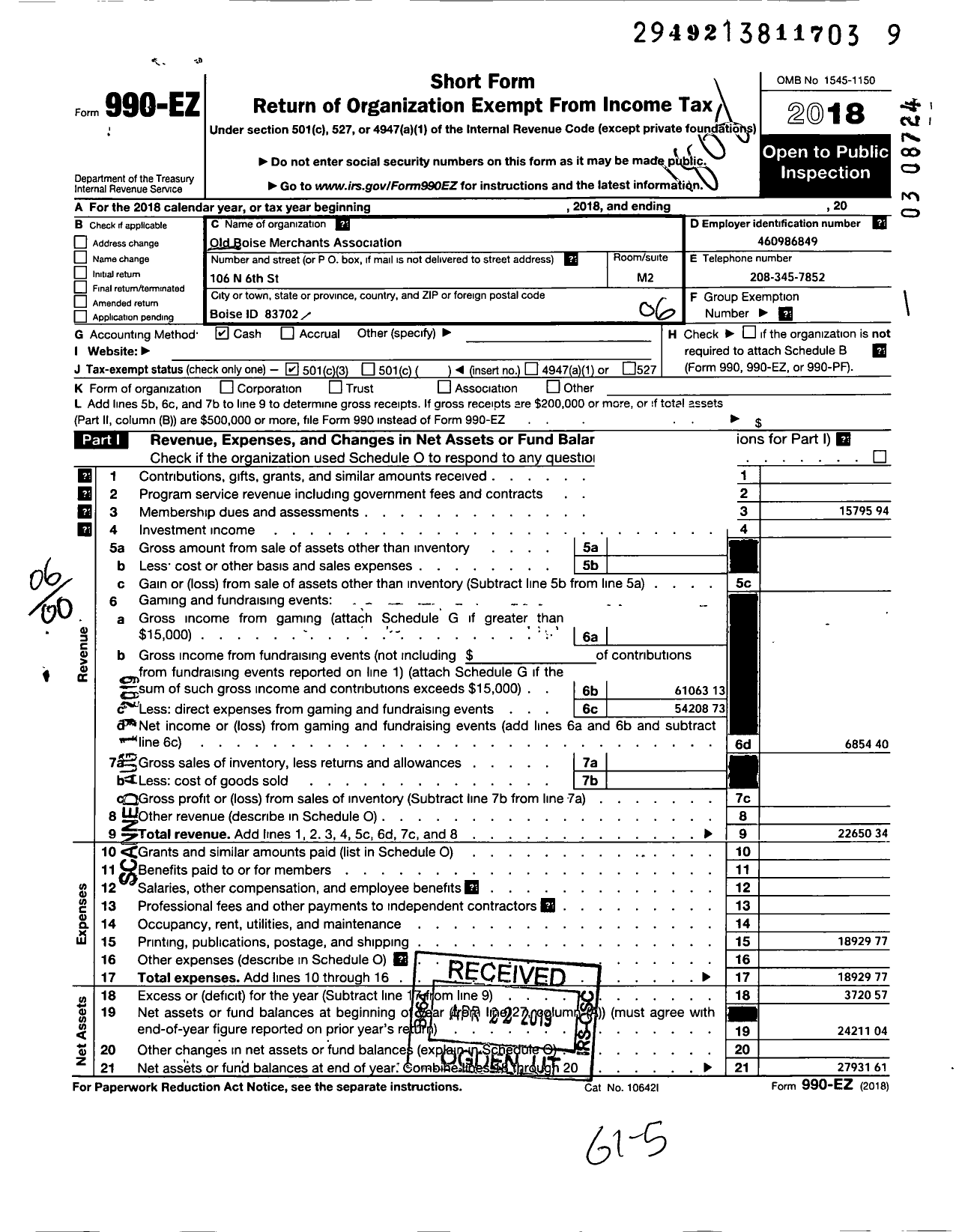 Image of first page of 2017 Form 990EO for Old Boise Merchants Association