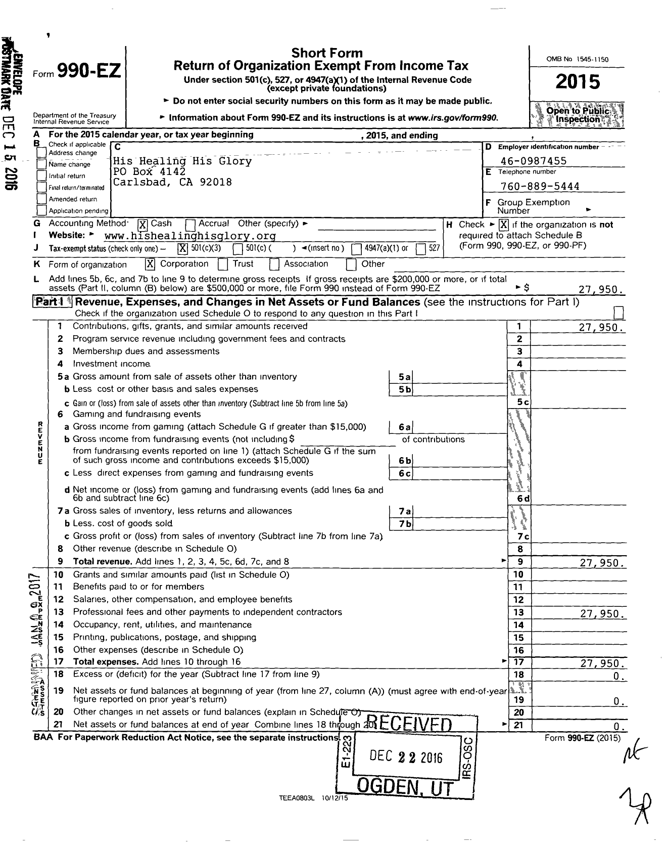 Image of first page of 2015 Form 990EZ for His Healing His Glory