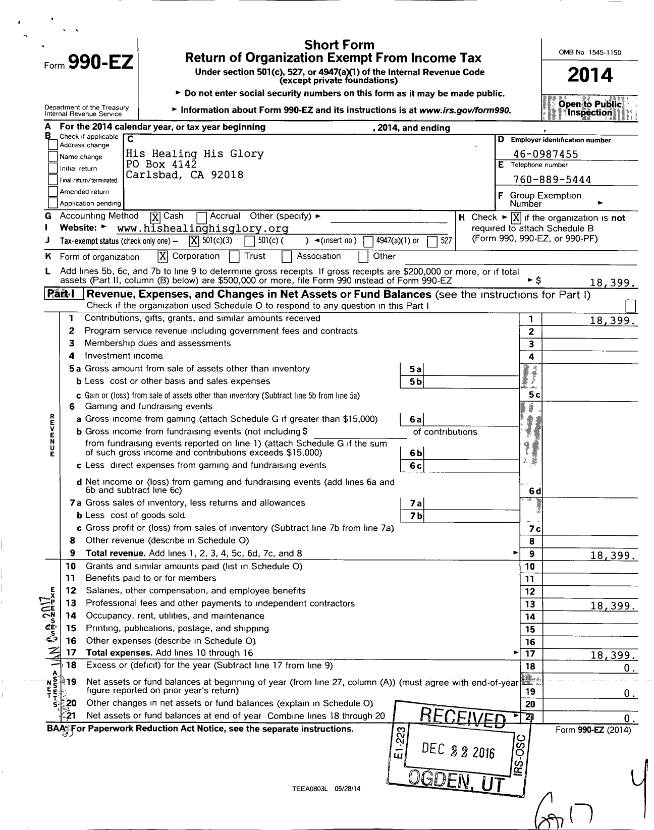 Image of first page of 2014 Form 990EZ for His Healing His Glory