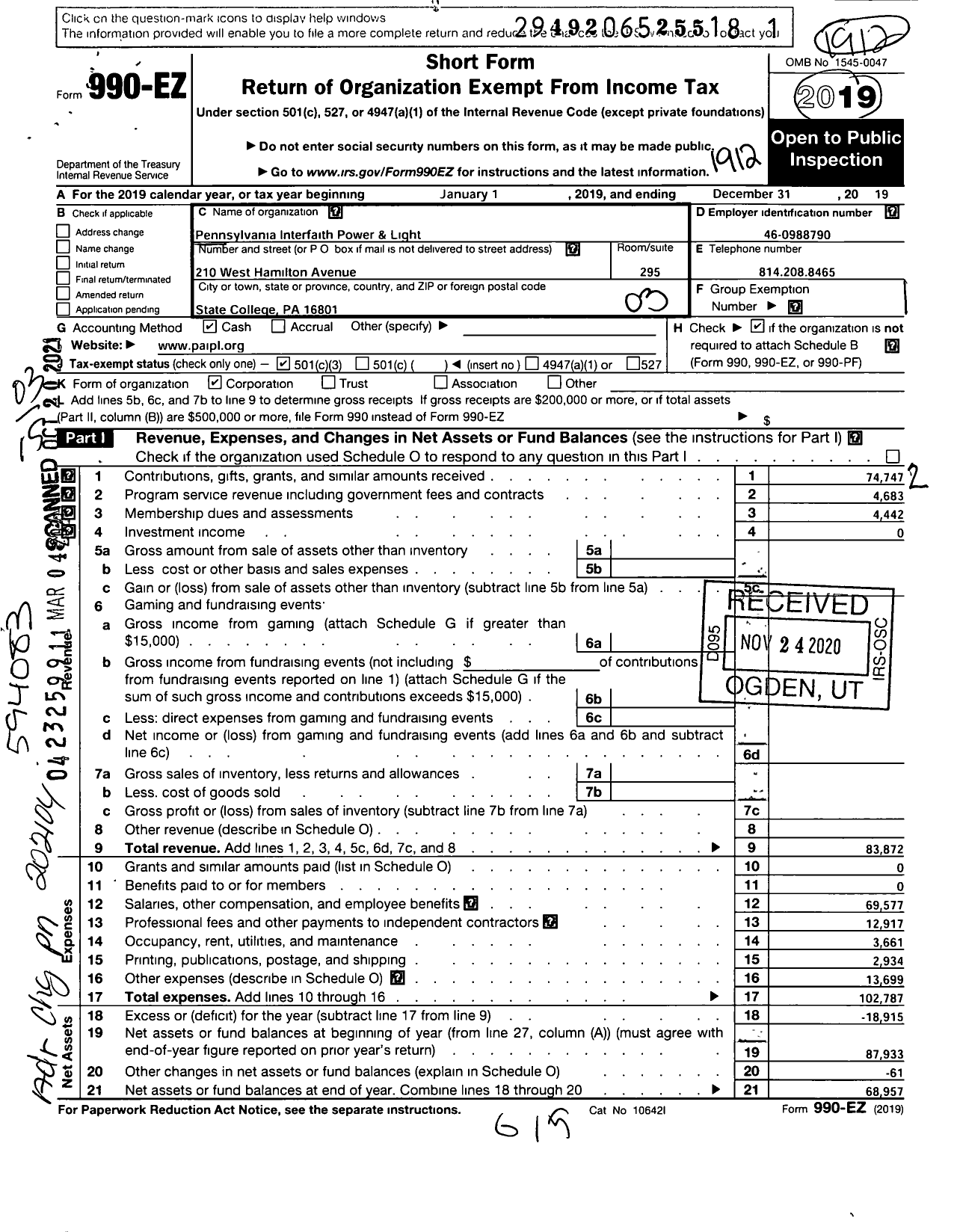 Image of first page of 2019 Form 990EZ for Pennsylvania Interfaith Power and Light