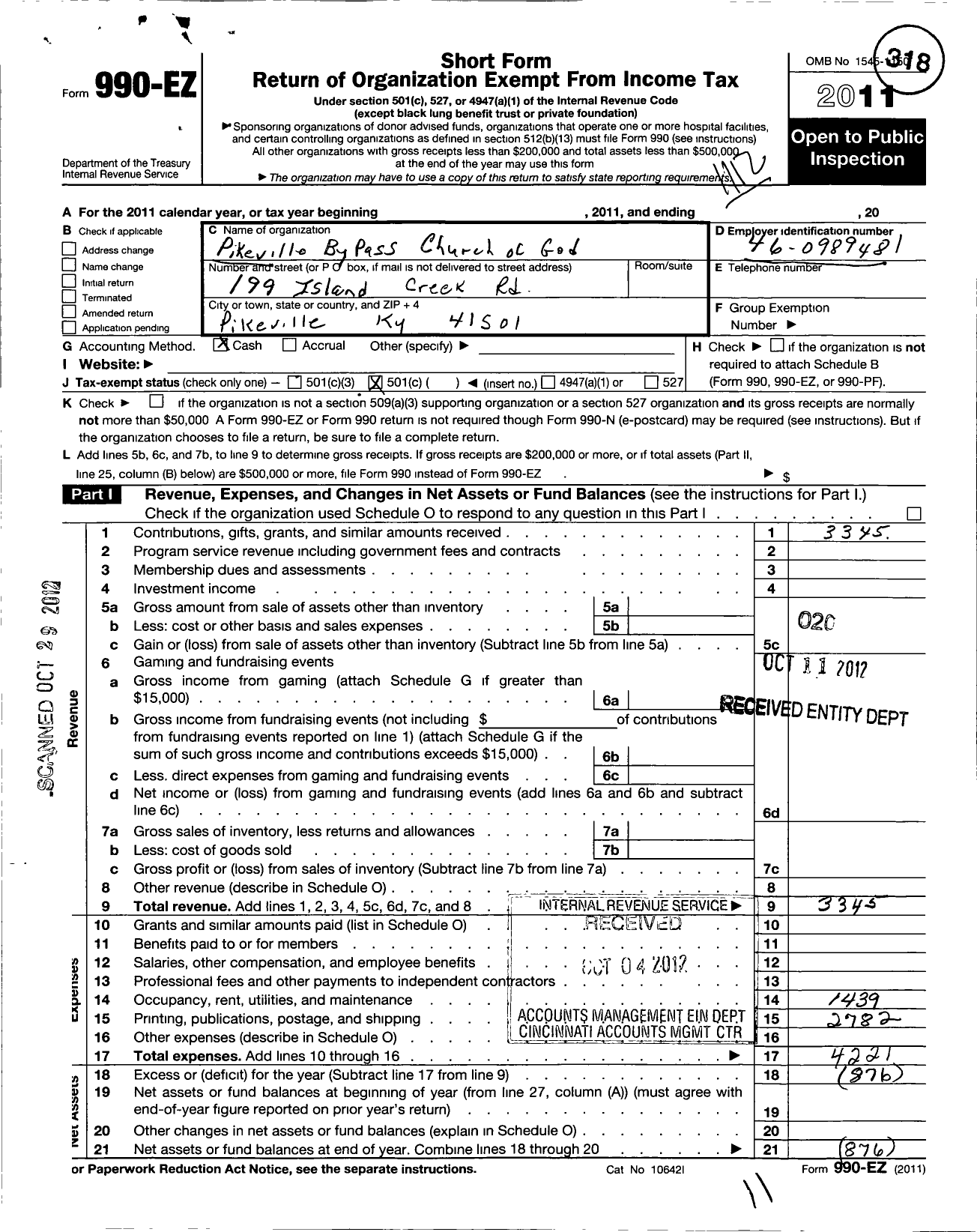 Image of first page of 2011 Form 990EO for Pikeville Bypass Church of God in the Name of the Lord Jesus