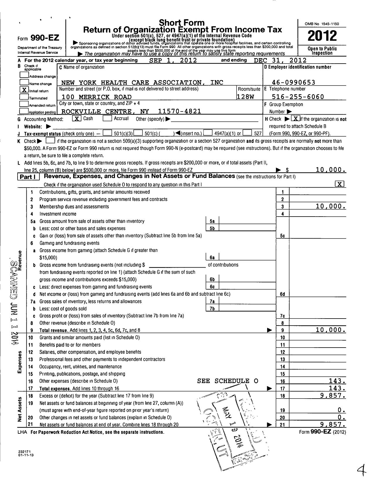 Image of first page of 2012 Form 990EO for New York Health Care Association