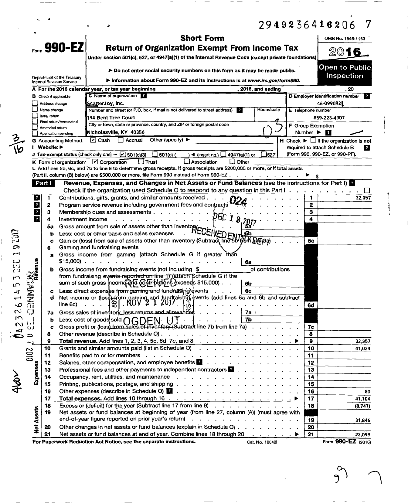 Image of first page of 2016 Form 990EZ for Scatterjoy Joy