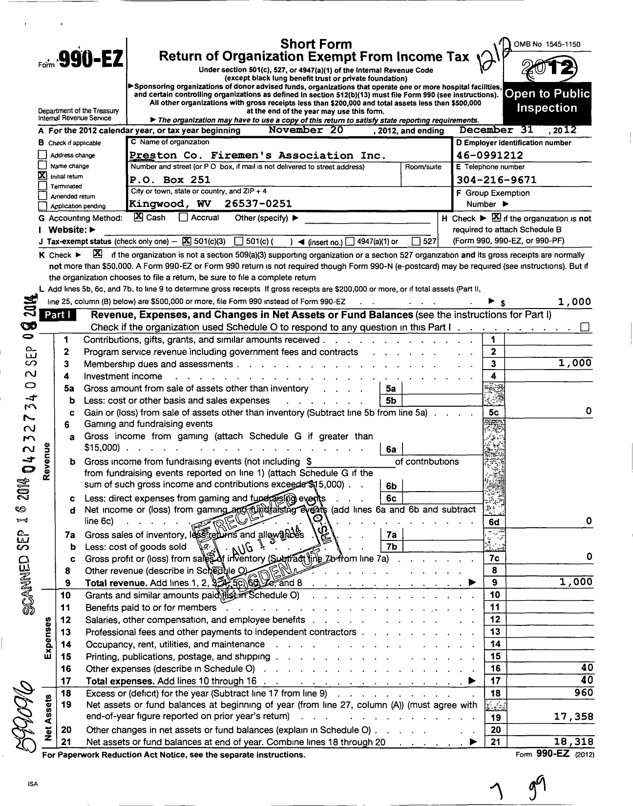 Image of first page of 2012 Form 990EZ for Preston County Firemens Association