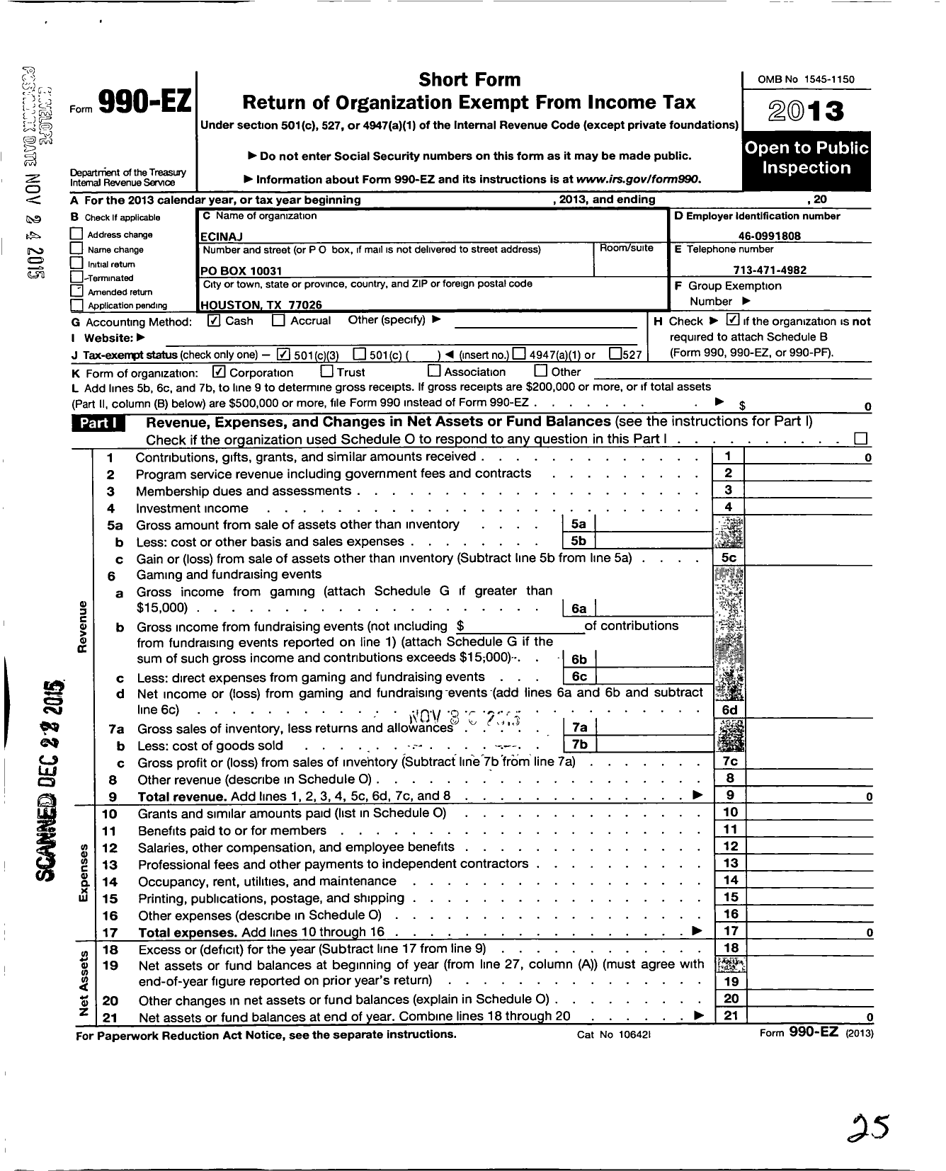 Image of first page of 2013 Form 990EZ for Ecinaj