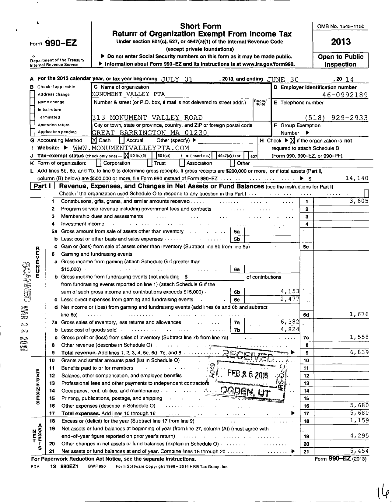 Image of first page of 2013 Form 990EZ for PTA Massachuetts Parent-Teacher Association / Monument Valley PTA