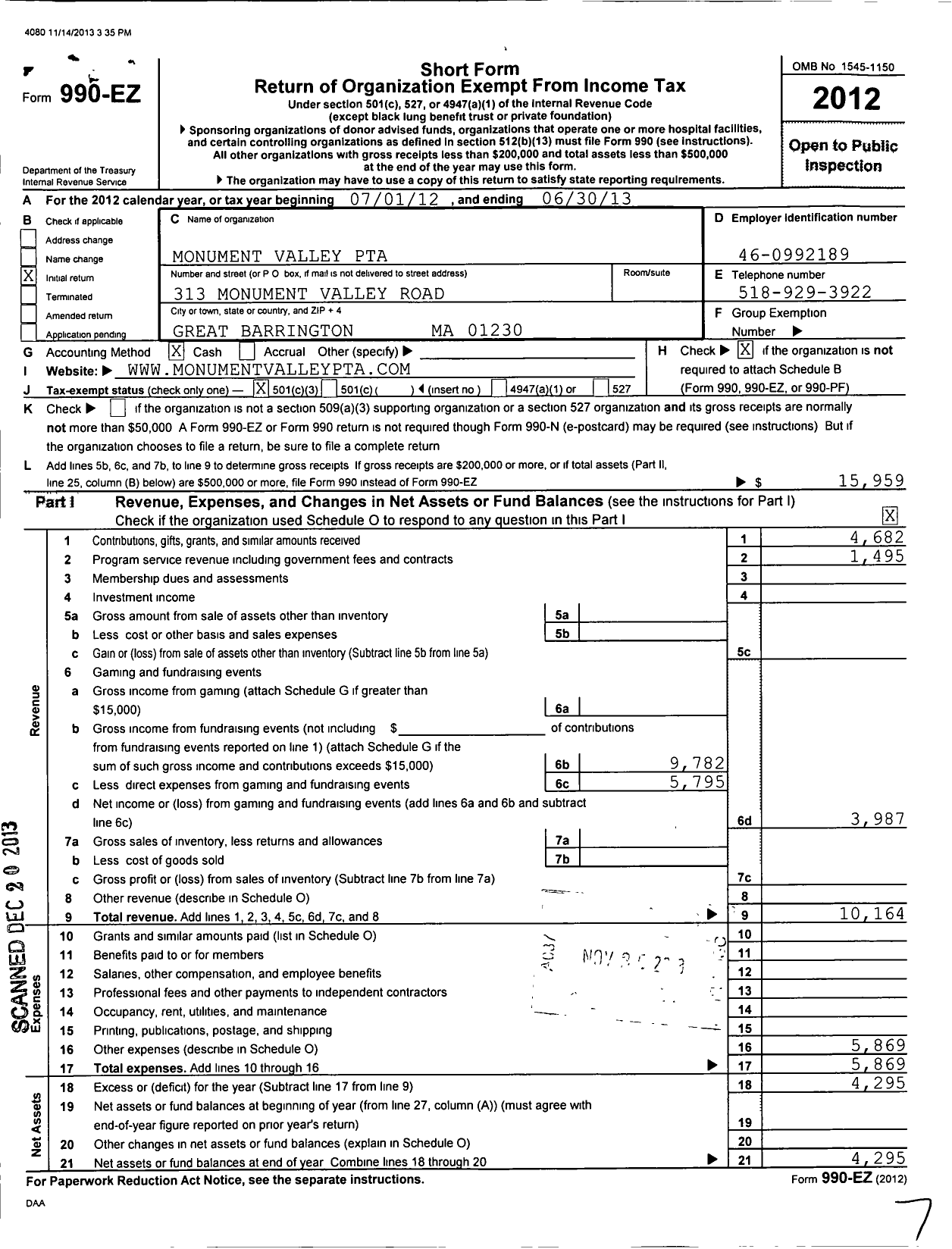 Image of first page of 2012 Form 990EZ for PTA Massachuetts Parent-Teacher Association / Monument Valley PTA