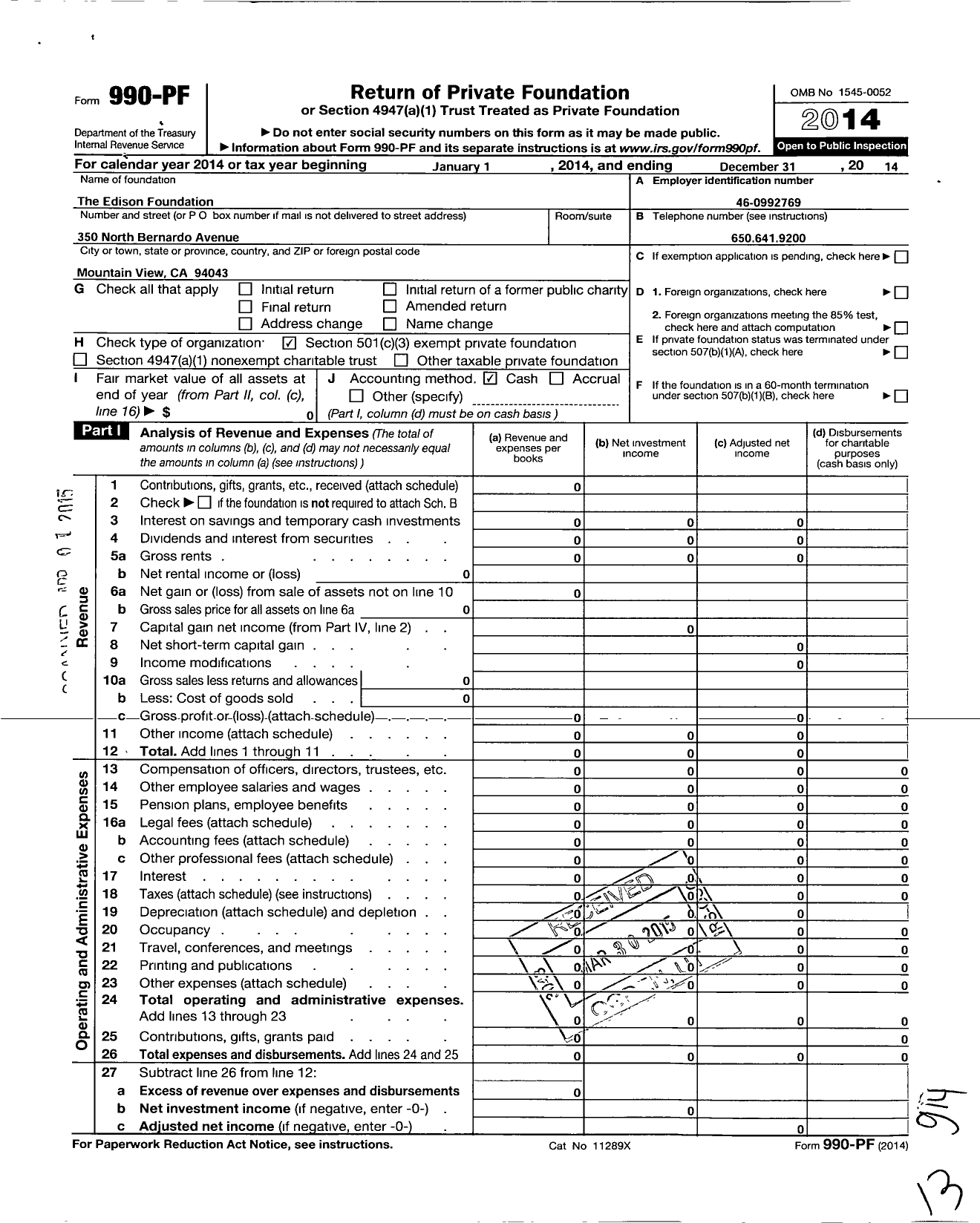 Image of first page of 2014 Form 990PF for Bioelectron Foundation