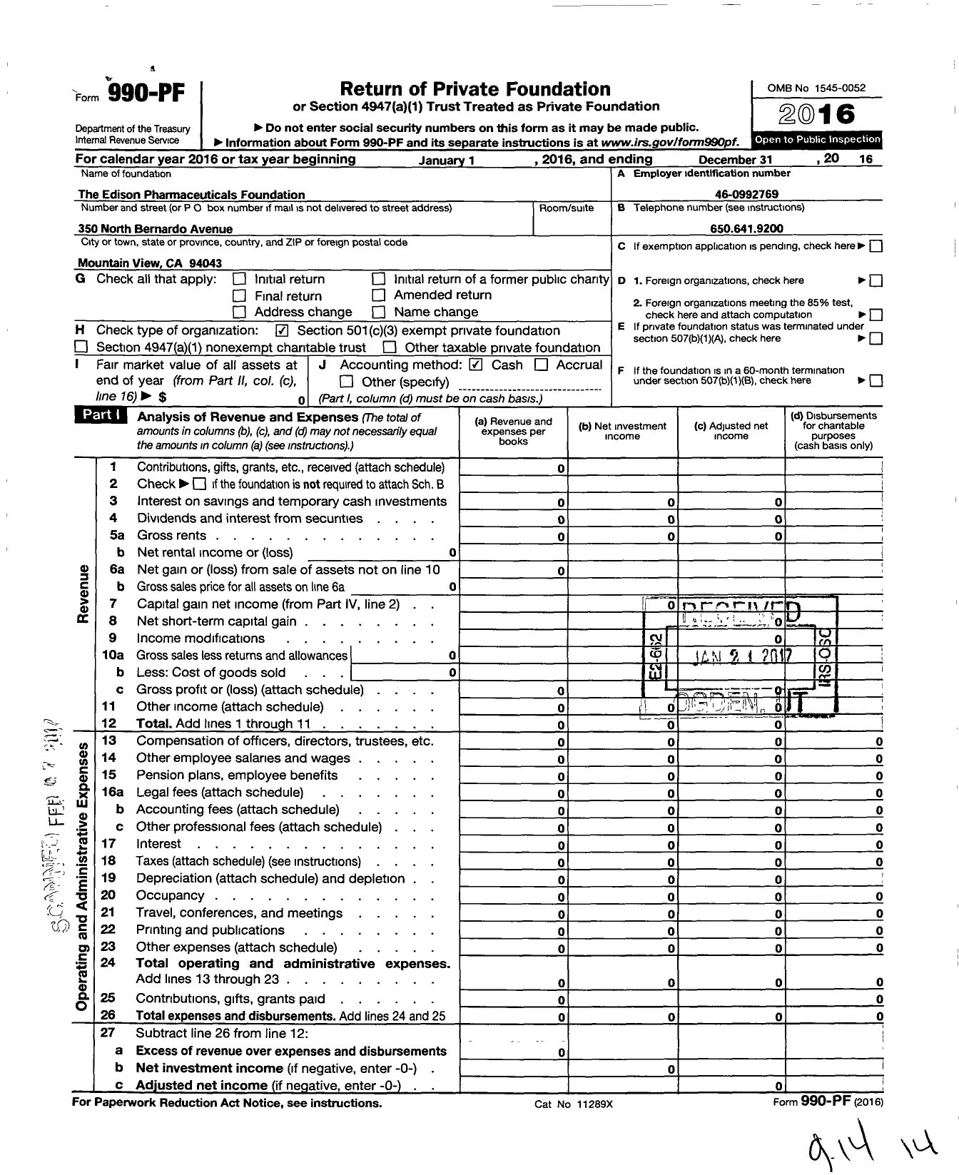 Image of first page of 2016 Form 990PF for Bioelectron Foundation