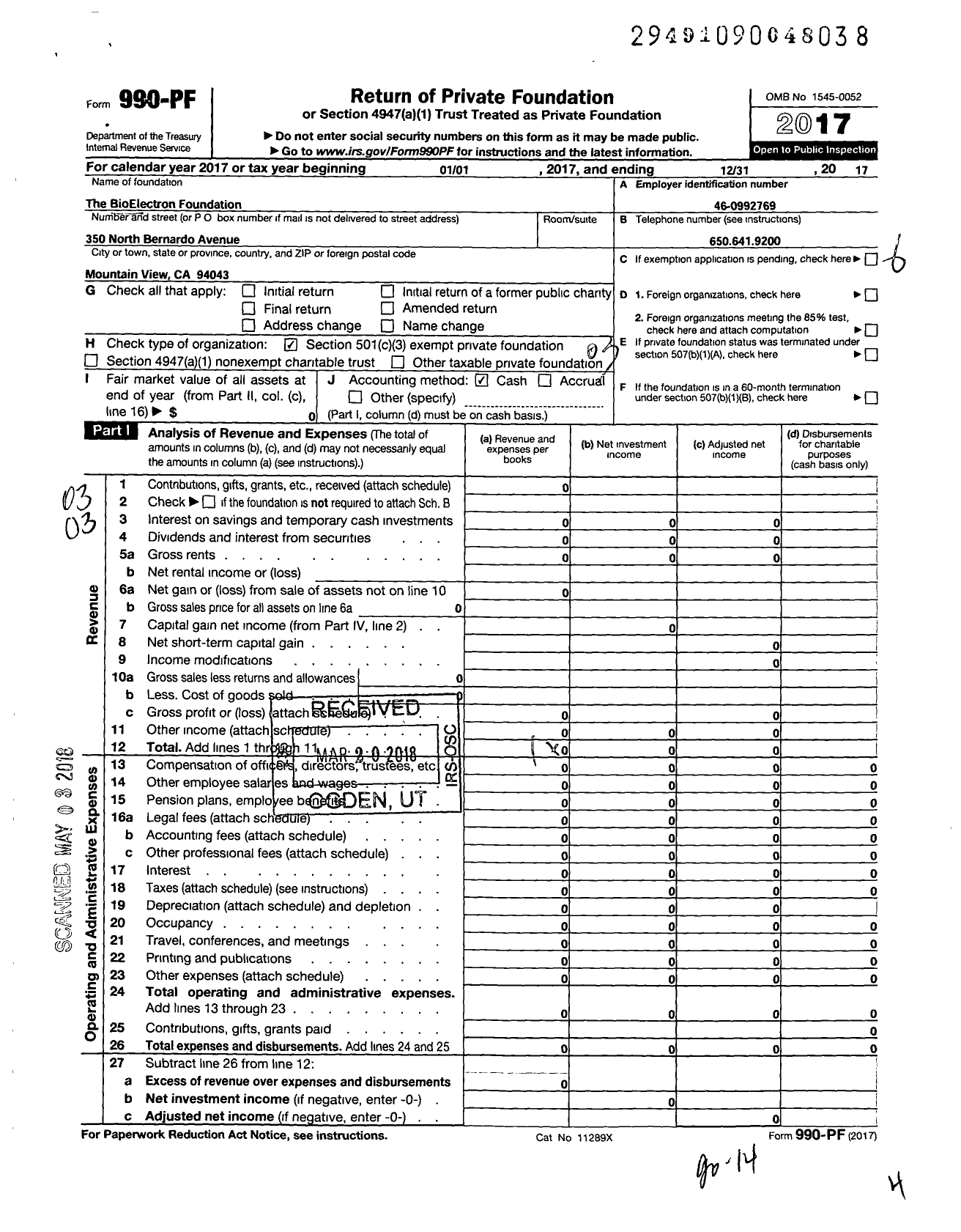 Image of first page of 2017 Form 990PF for Bioelectron Foundation