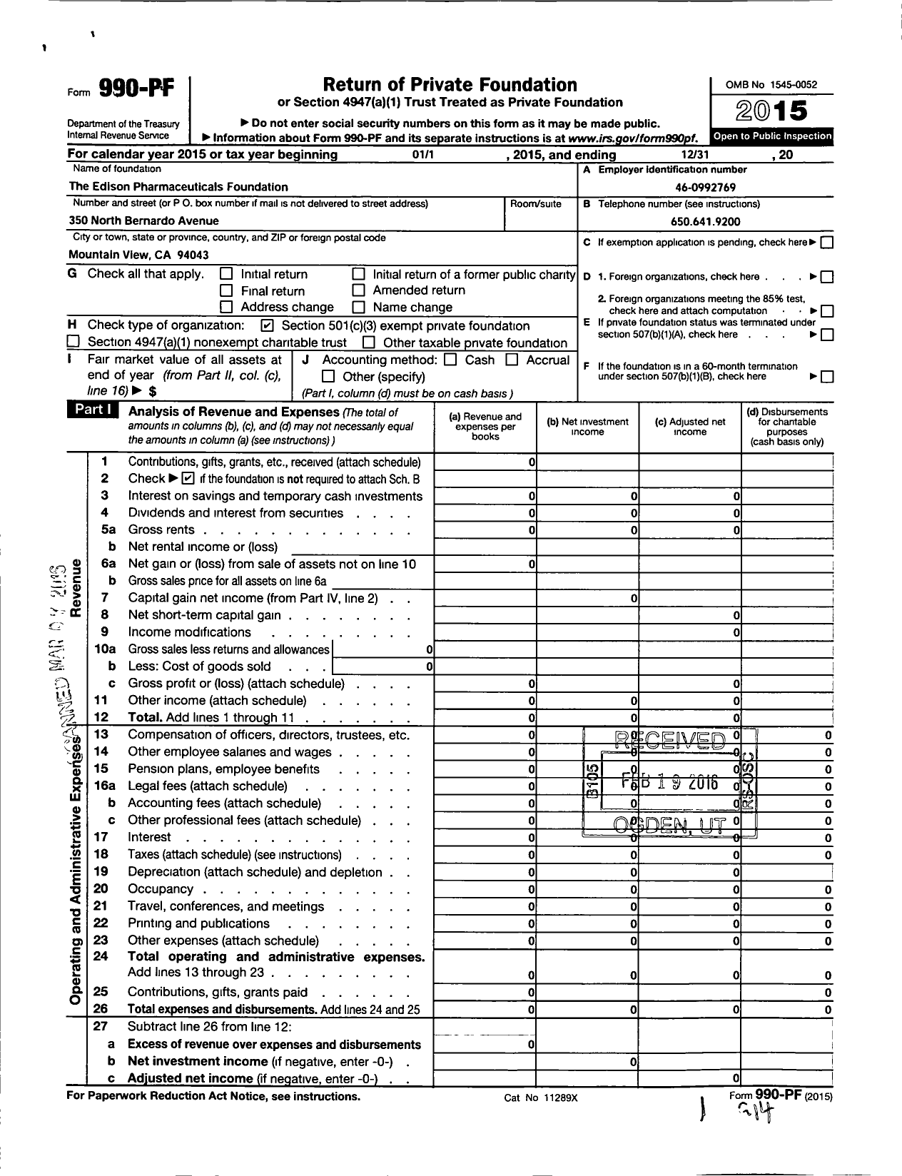 Image of first page of 2015 Form 990PF for Bioelectron Foundation