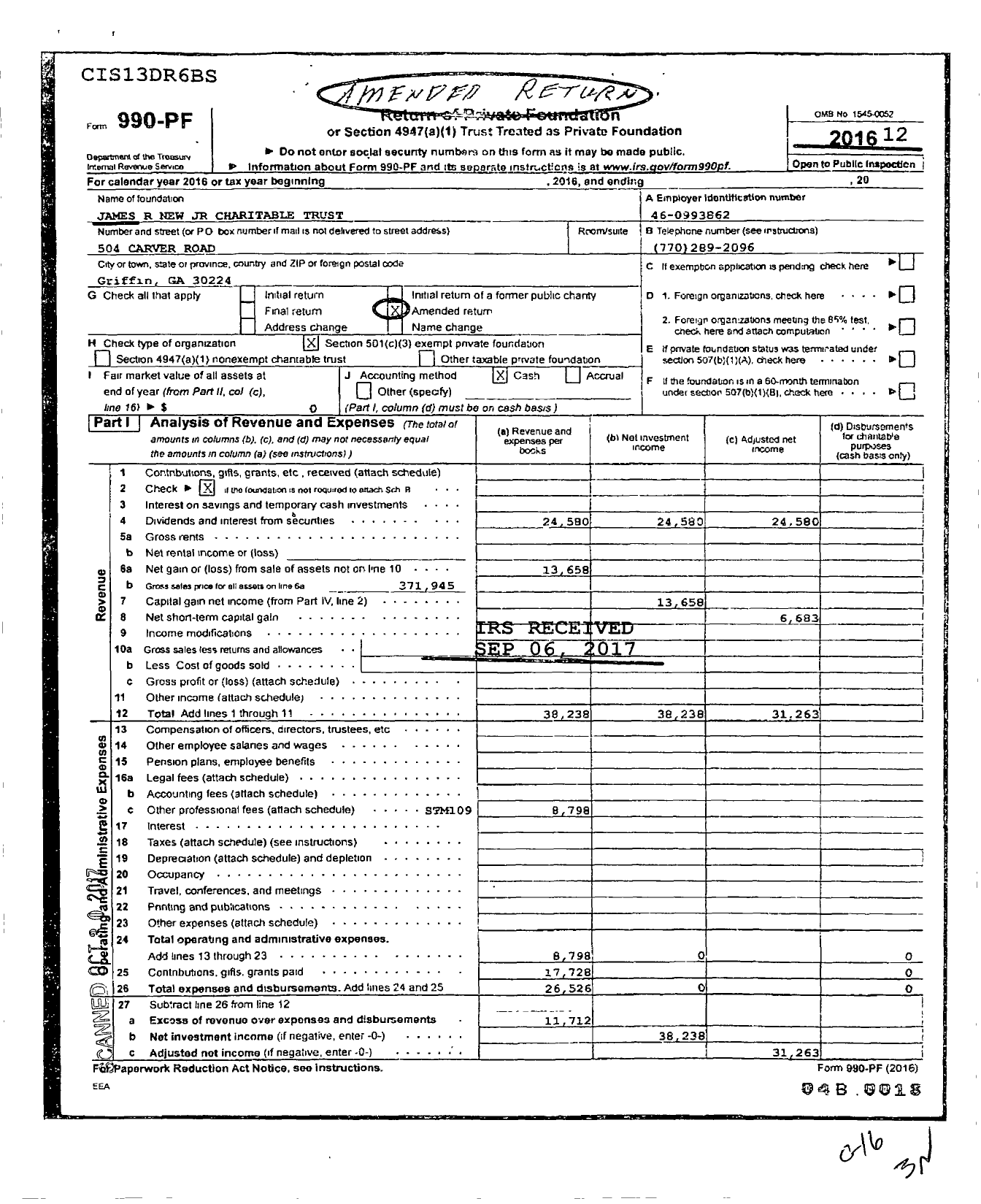Image of first page of 2016 Form 990PF for James R New Chaitible Trust