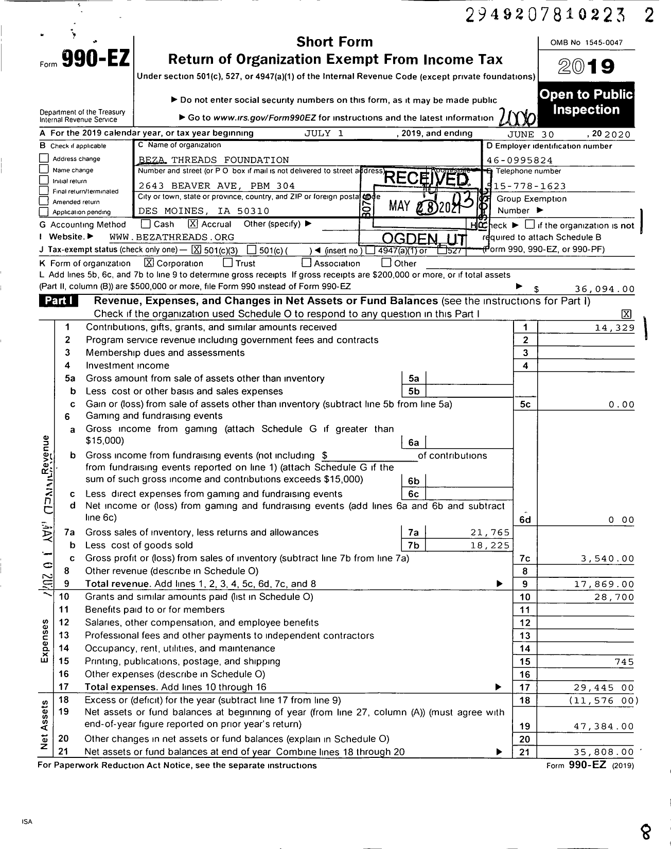 Image of first page of 2019 Form 990EZ for Beza Threads Foundation