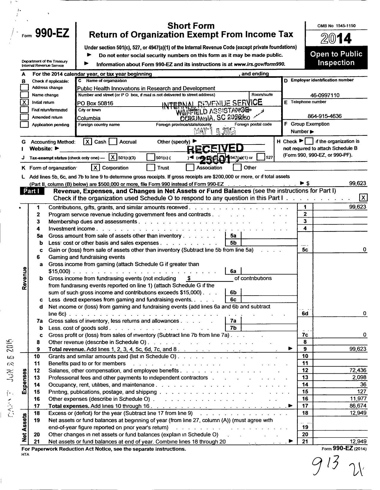 Image of first page of 2014 Form 990EZ for Public Health Innovations in Research and Development