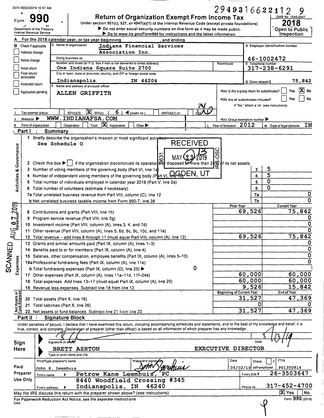 Image of first page of 2018 Form 990O for Indiana Financial Services Association