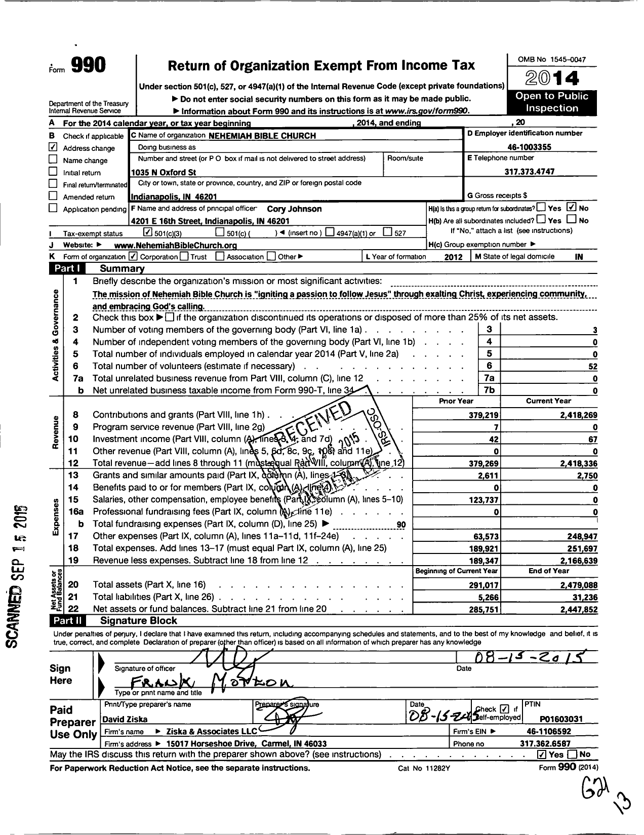 Image of first page of 2014 Form 990 for Nehemiah Bible Church