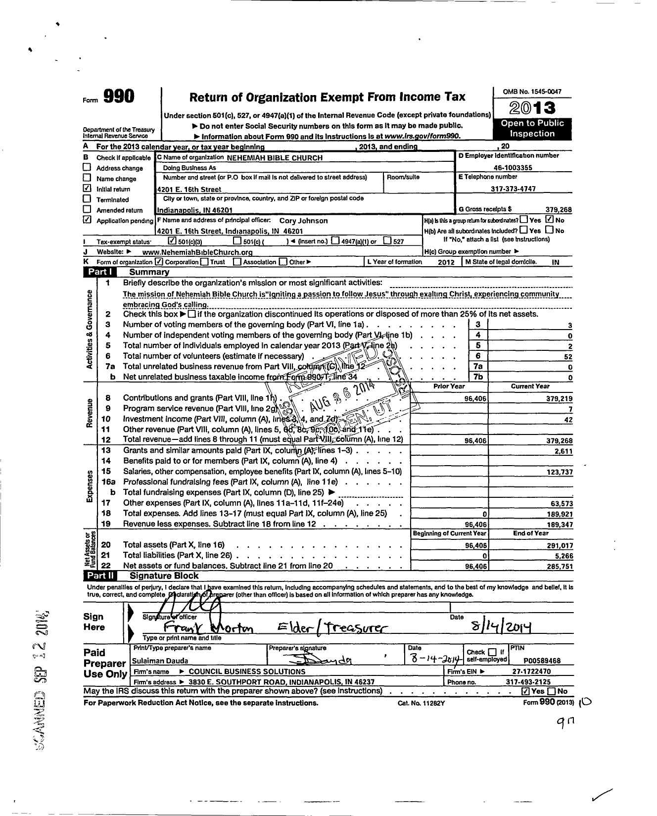 Image of first page of 2013 Form 990 for Nehemiah Bible Church