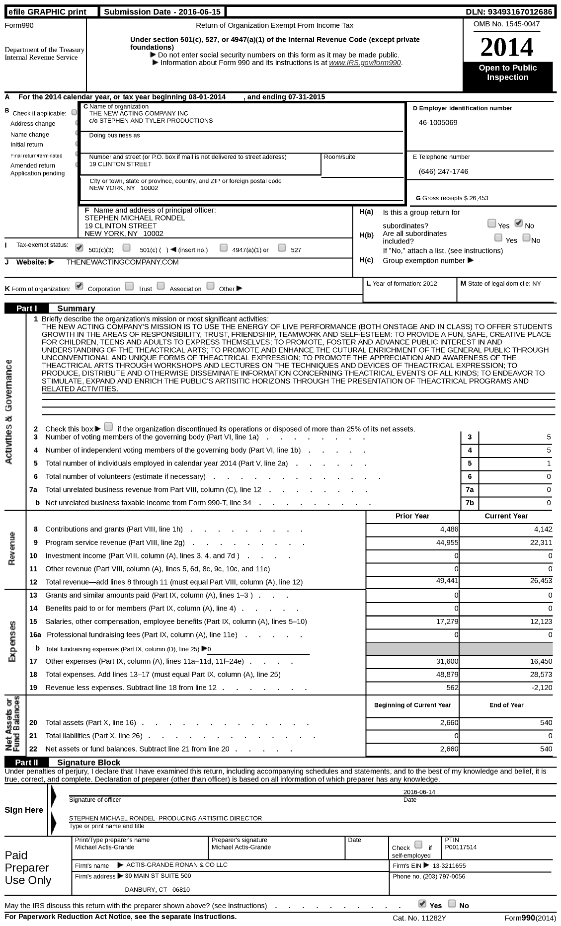 Image of first page of 2014 Form 990 for New Acting Company