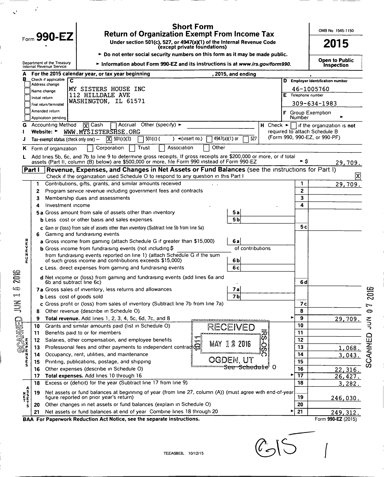 Image of first page of 2015 Form 990EZ for My Sisters House