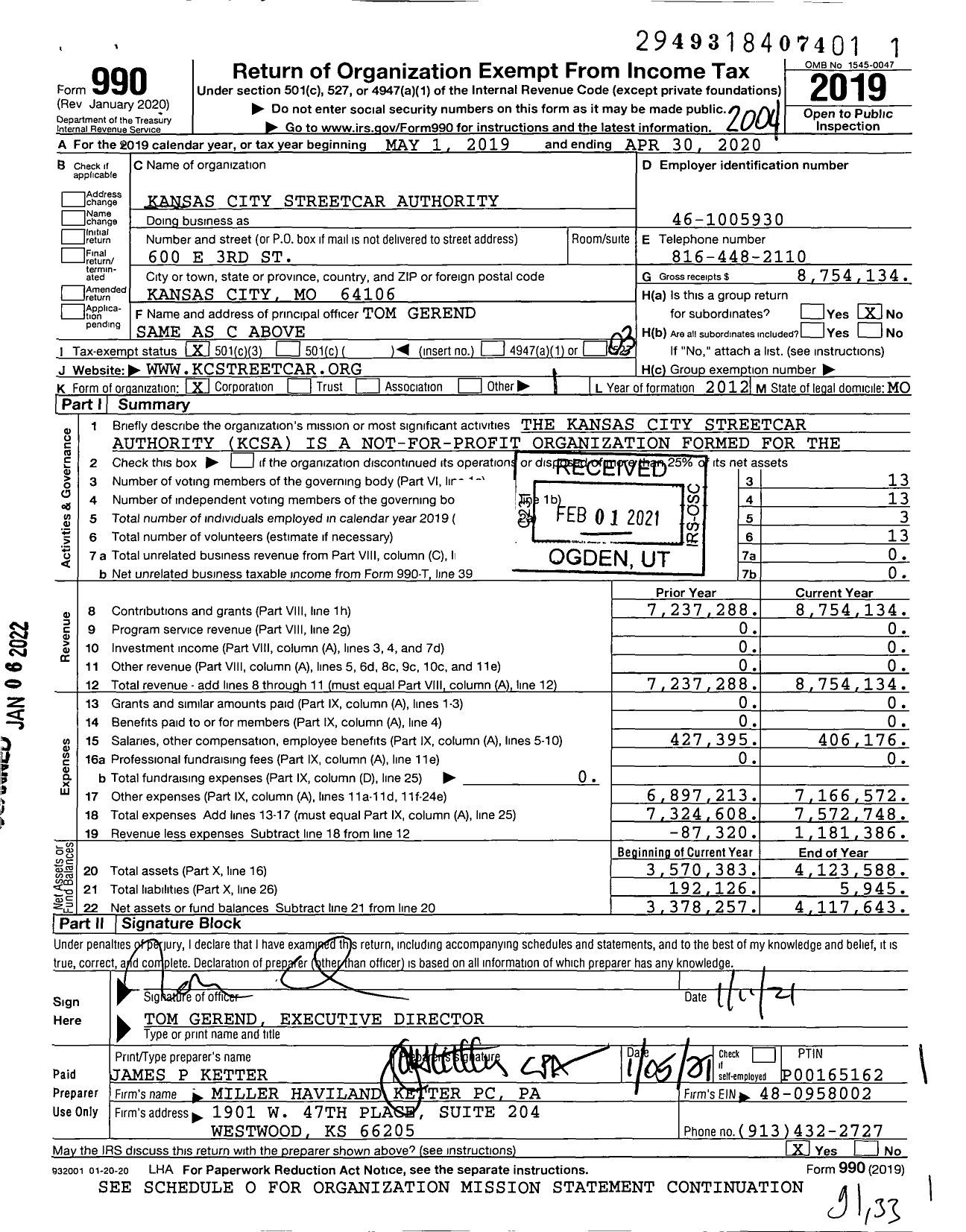 Image of first page of 2019 Form 990 for Kansas City Streetcar Authority