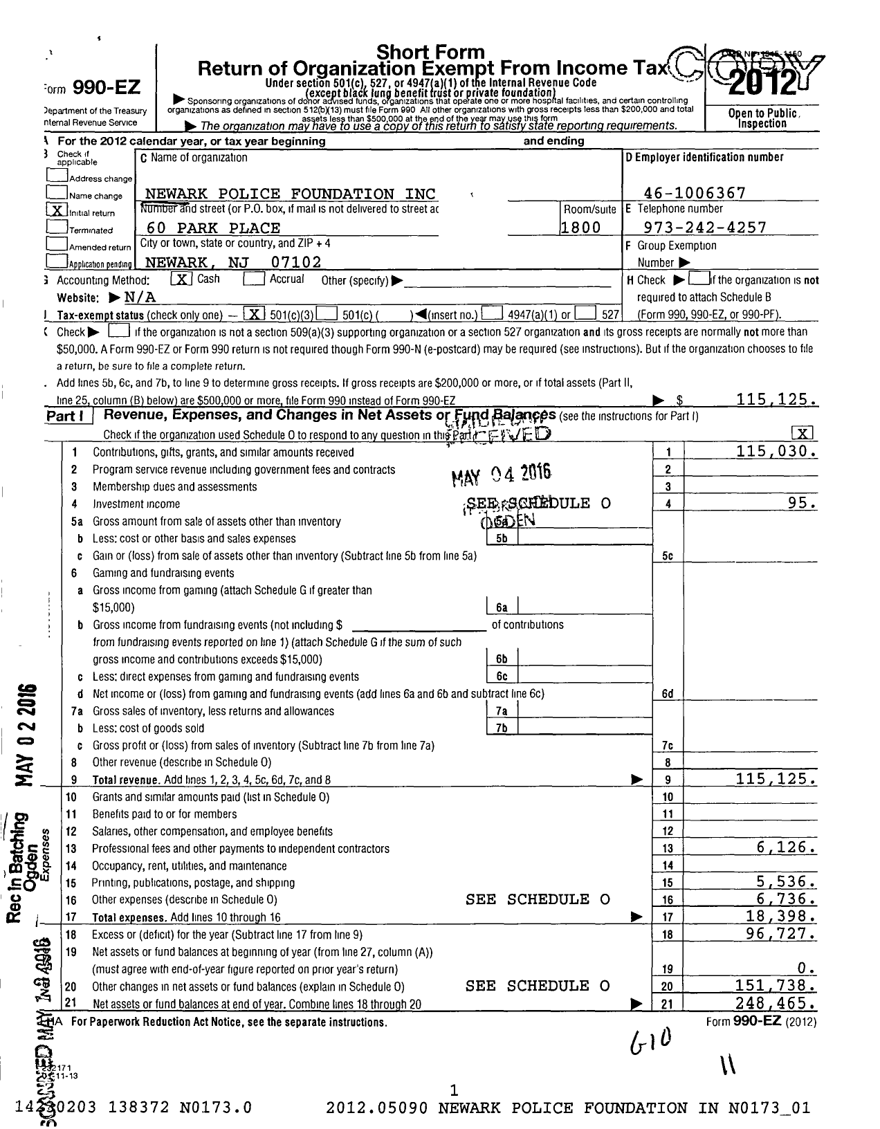 Image of first page of 2012 Form 990EZ for Newark Police Foundation