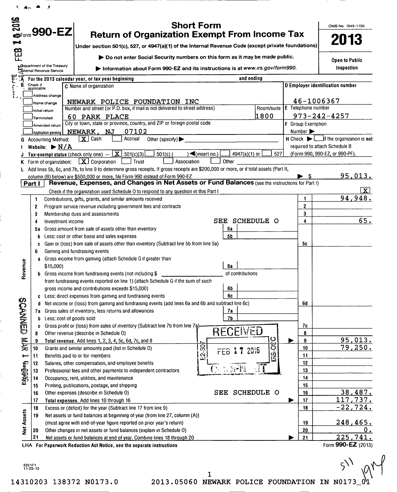 Image of first page of 2013 Form 990EZ for Newark Police Foundation