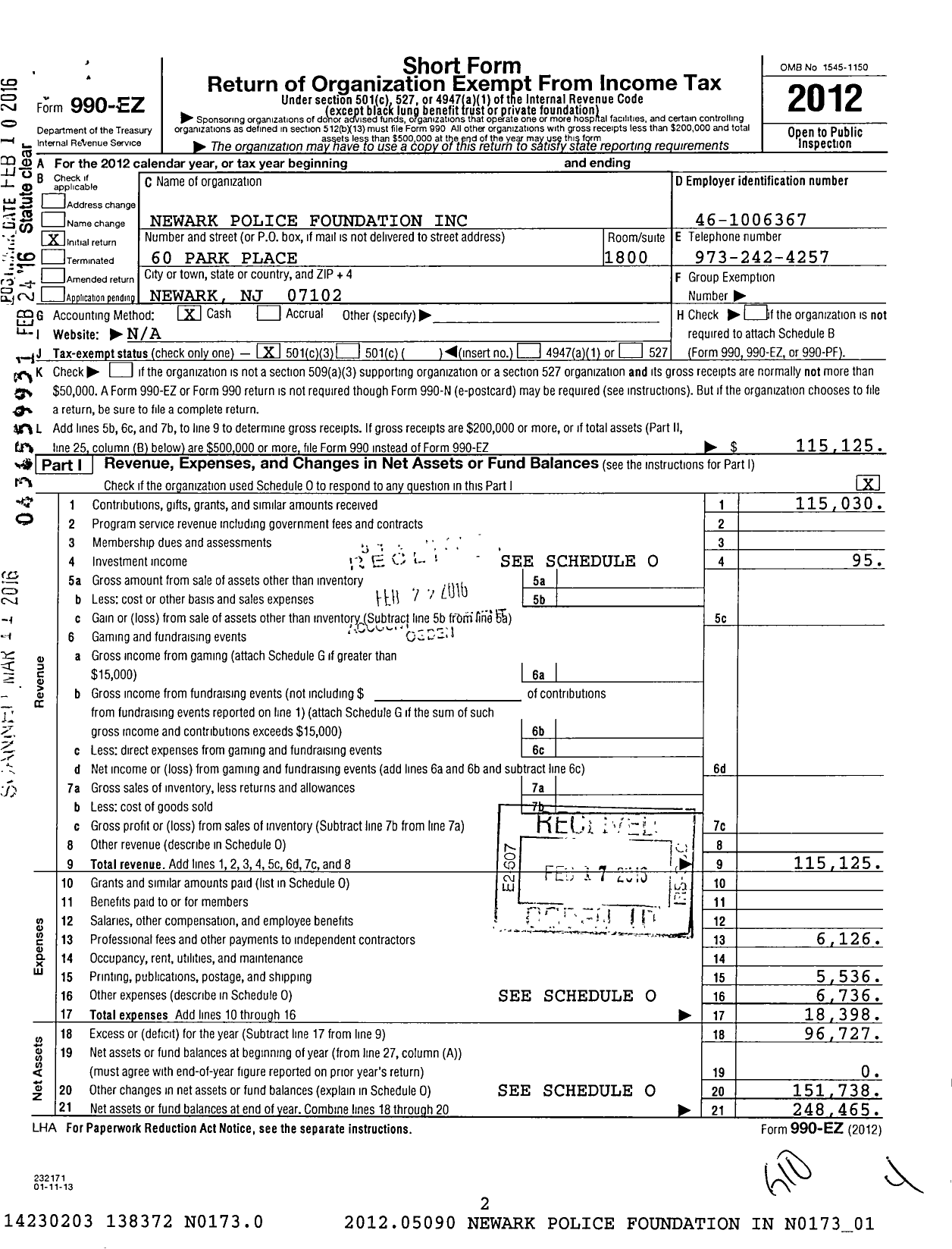Image of first page of 2012 Form 990EZ for Newark Police Foundation