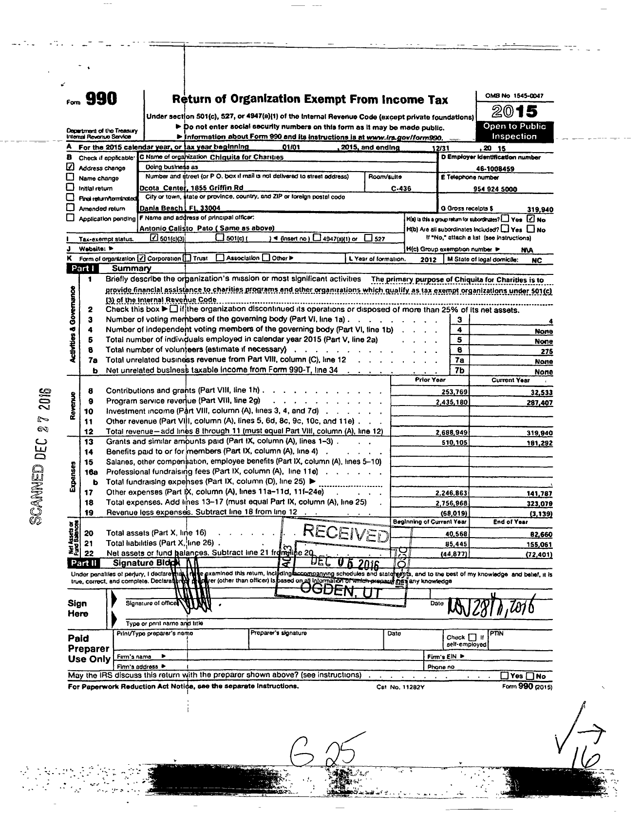 Image of first page of 2015 Form 990 for Chiquita for Charities