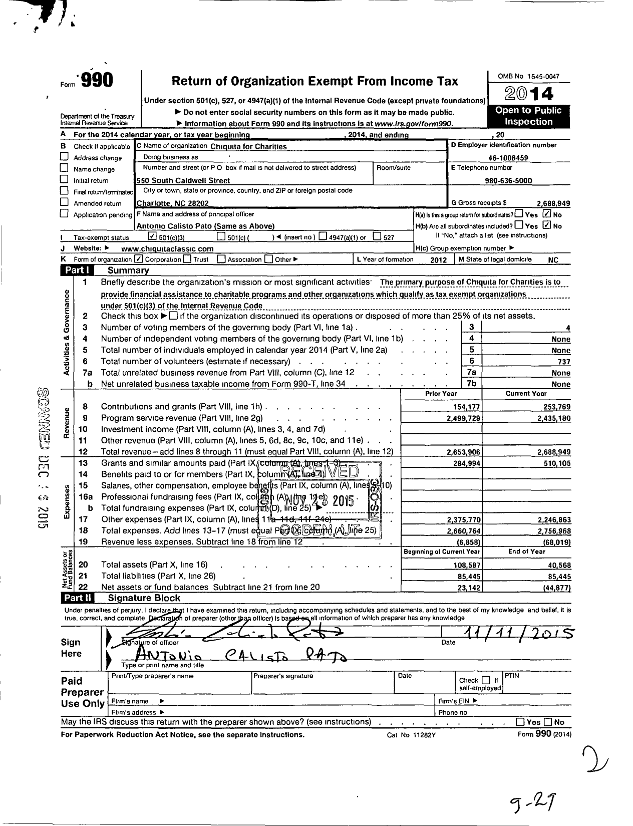 Image of first page of 2014 Form 990 for Chiquita for Charities