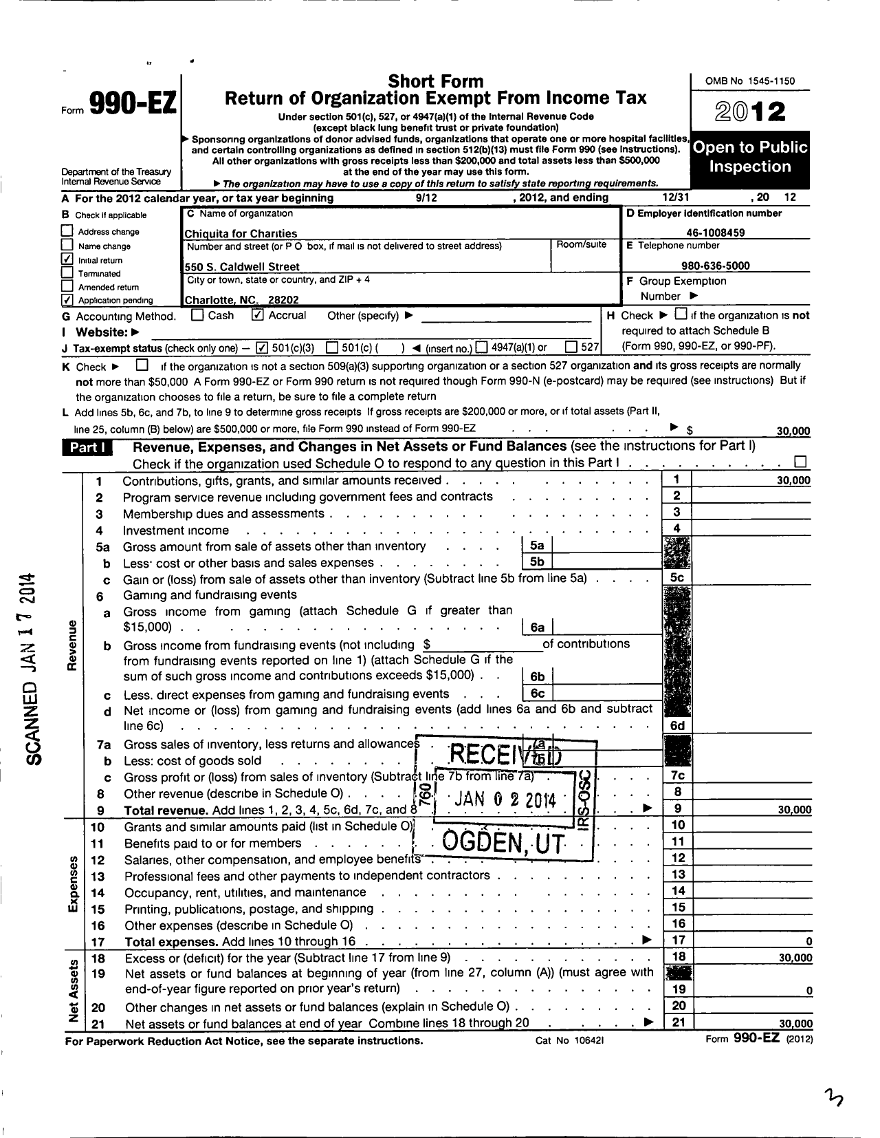 Image of first page of 2012 Form 990EZ for Chiquita for Charities