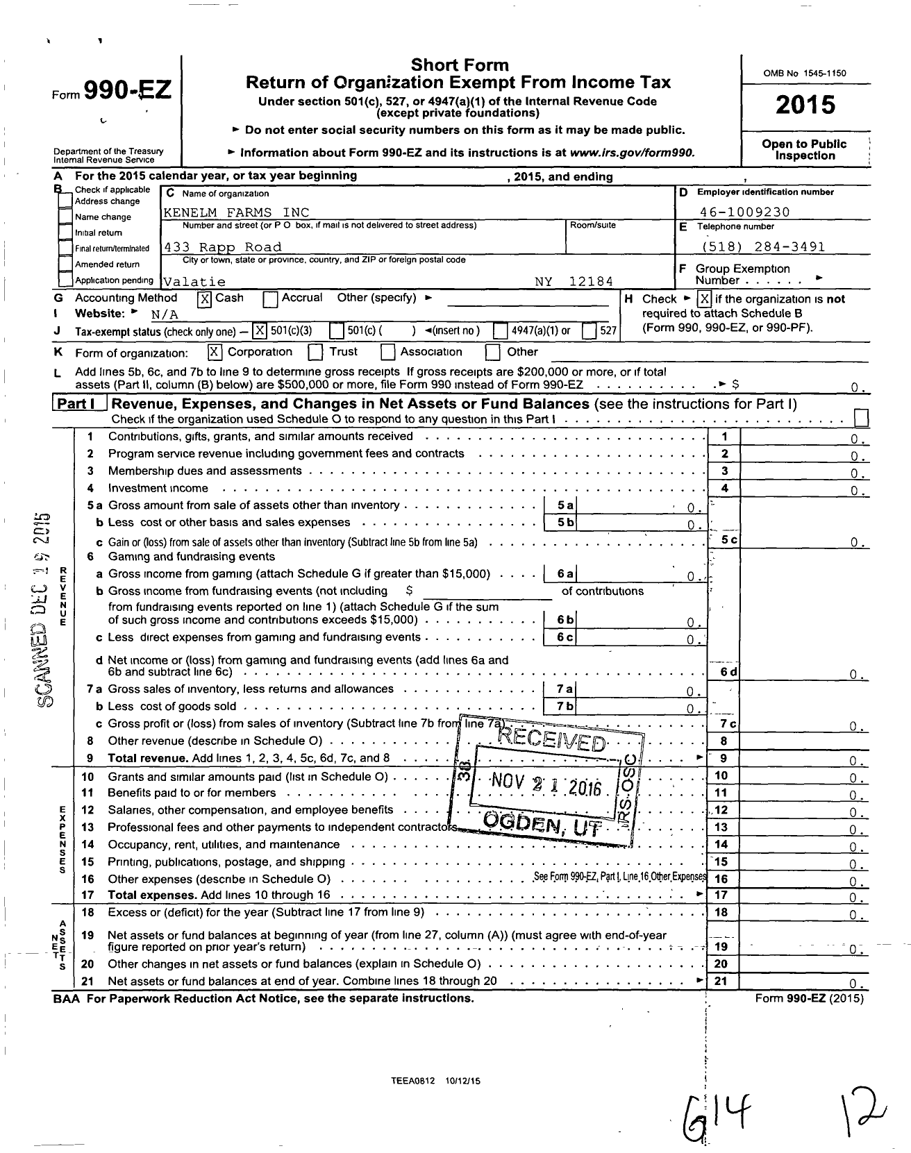 Image of first page of 2015 Form 990EZ for Kenelm Farms