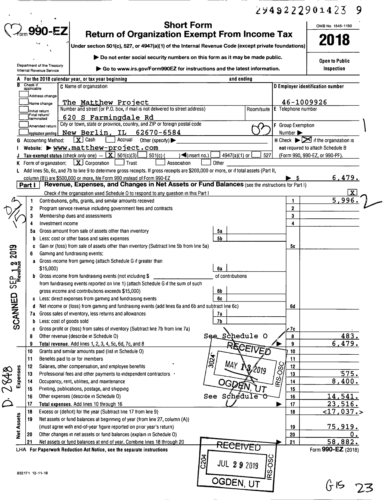 Image of first page of 2018 Form 990EZ for Matthew Project