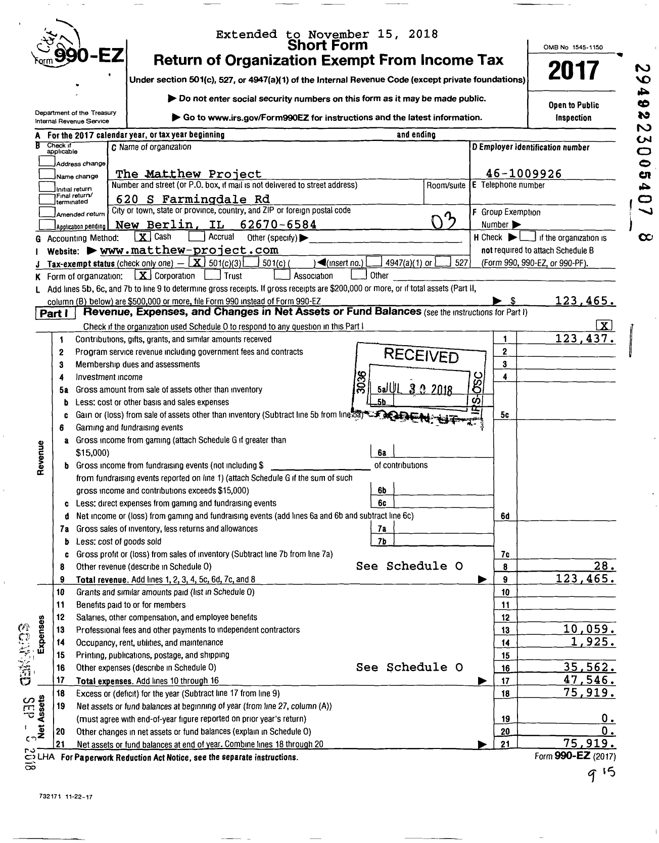 Image of first page of 2017 Form 990EZ for The Matthew Project
