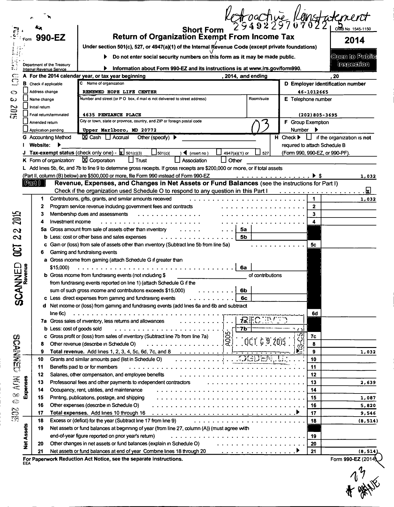 Image of first page of 2014 Form 990EZ for Renewed Hope Life Center