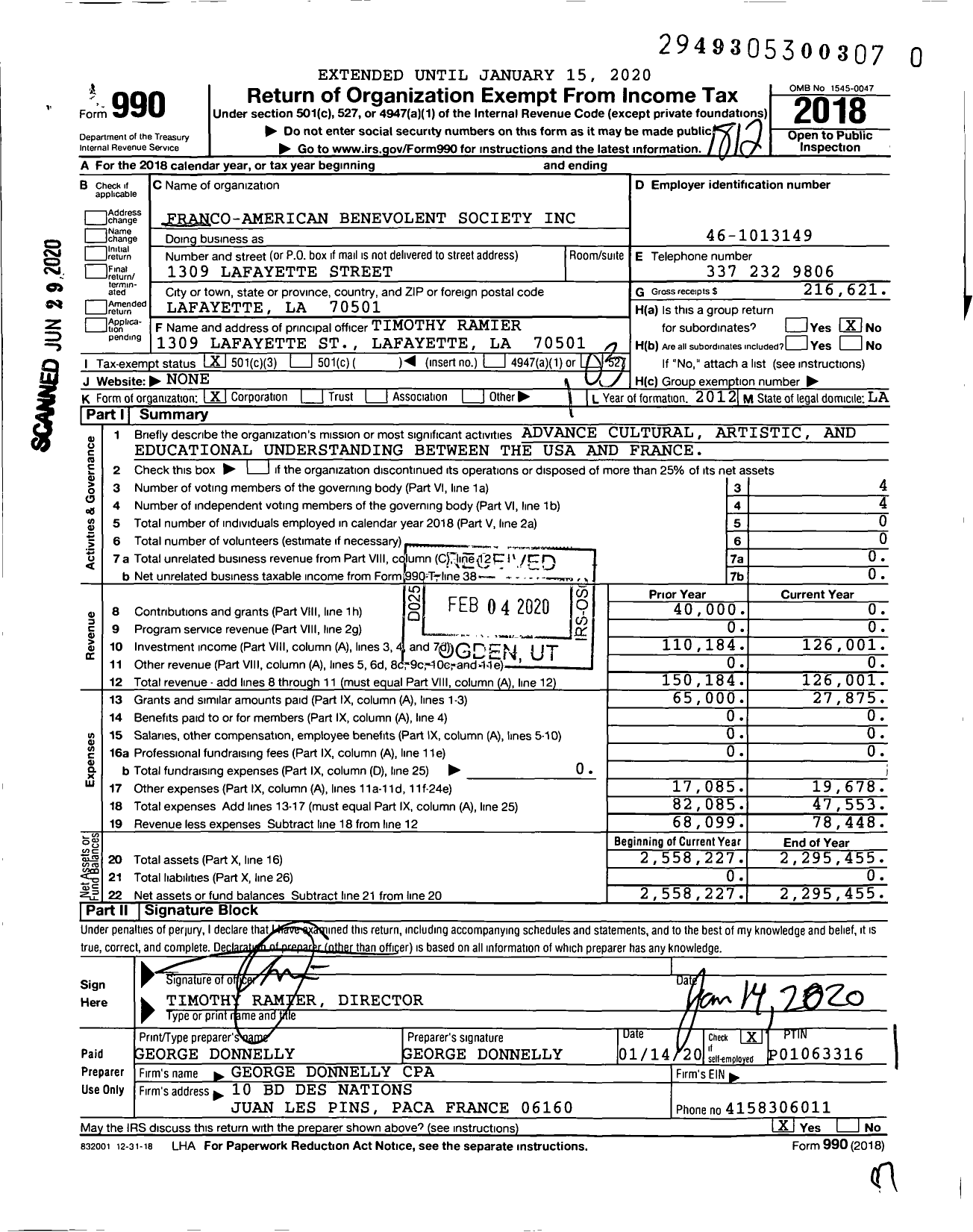 Image of first page of 2018 Form 990 for Franco-American Benevolent