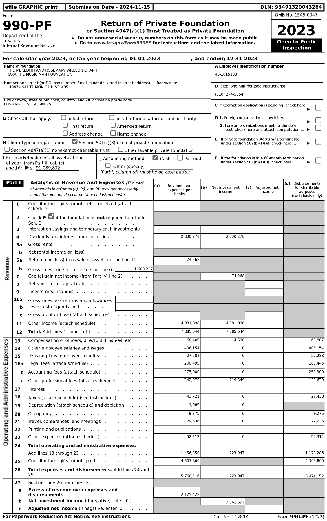 Image of first page of 2023 Form 990PF for The Meredith and Rosemary Willson Charit