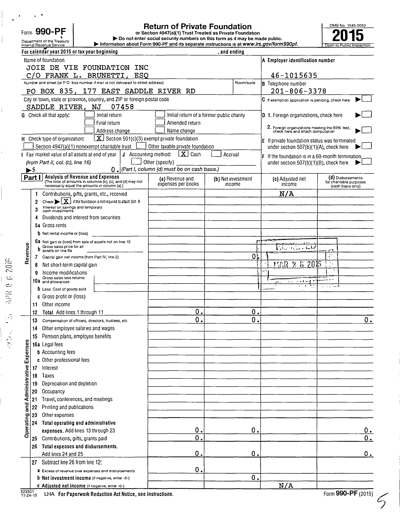 Image of first page of 2015 Form 990PF for Joie de Vie Foundation