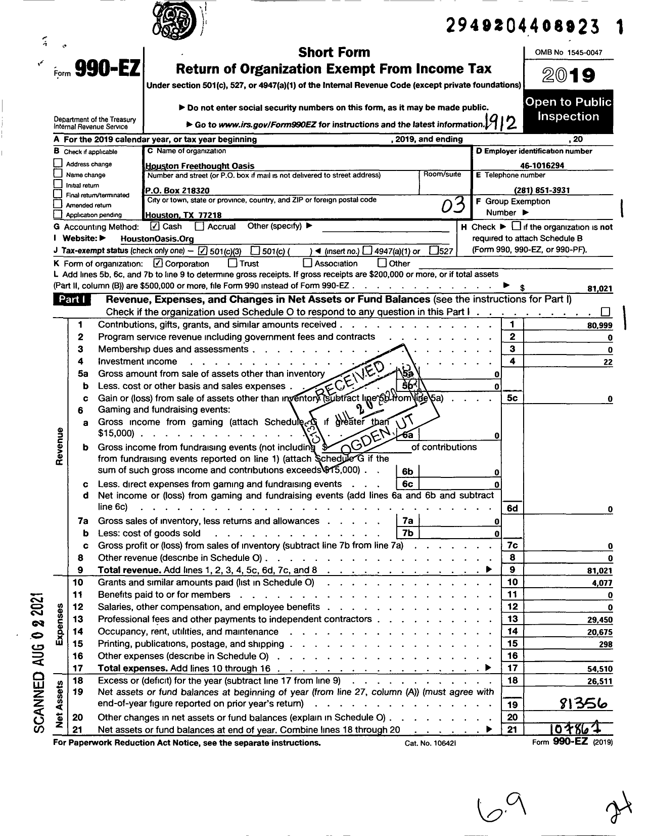 Image of first page of 2019 Form 990EZ for Houston Freethought Oasis