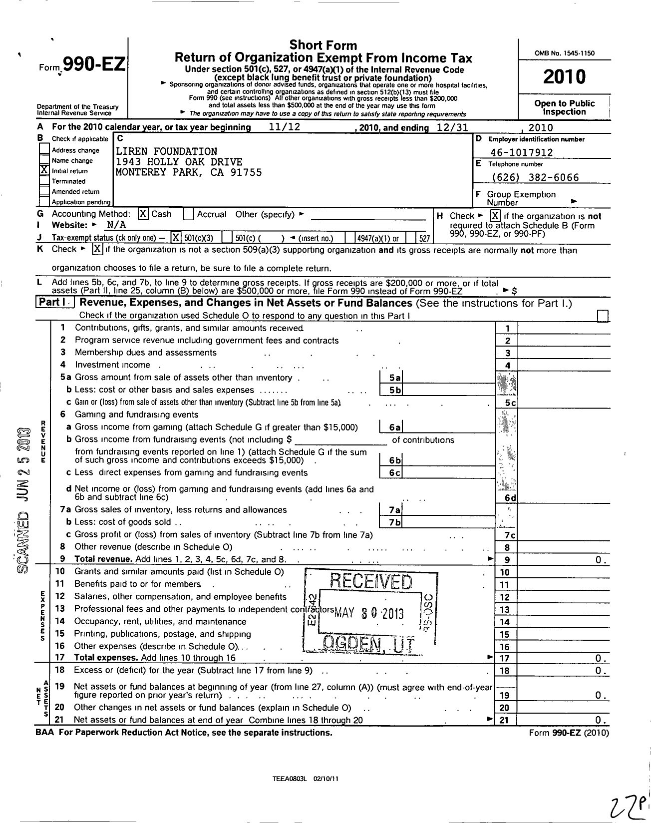 Image of first page of 2010 Form 990EZ for Liren Foundation