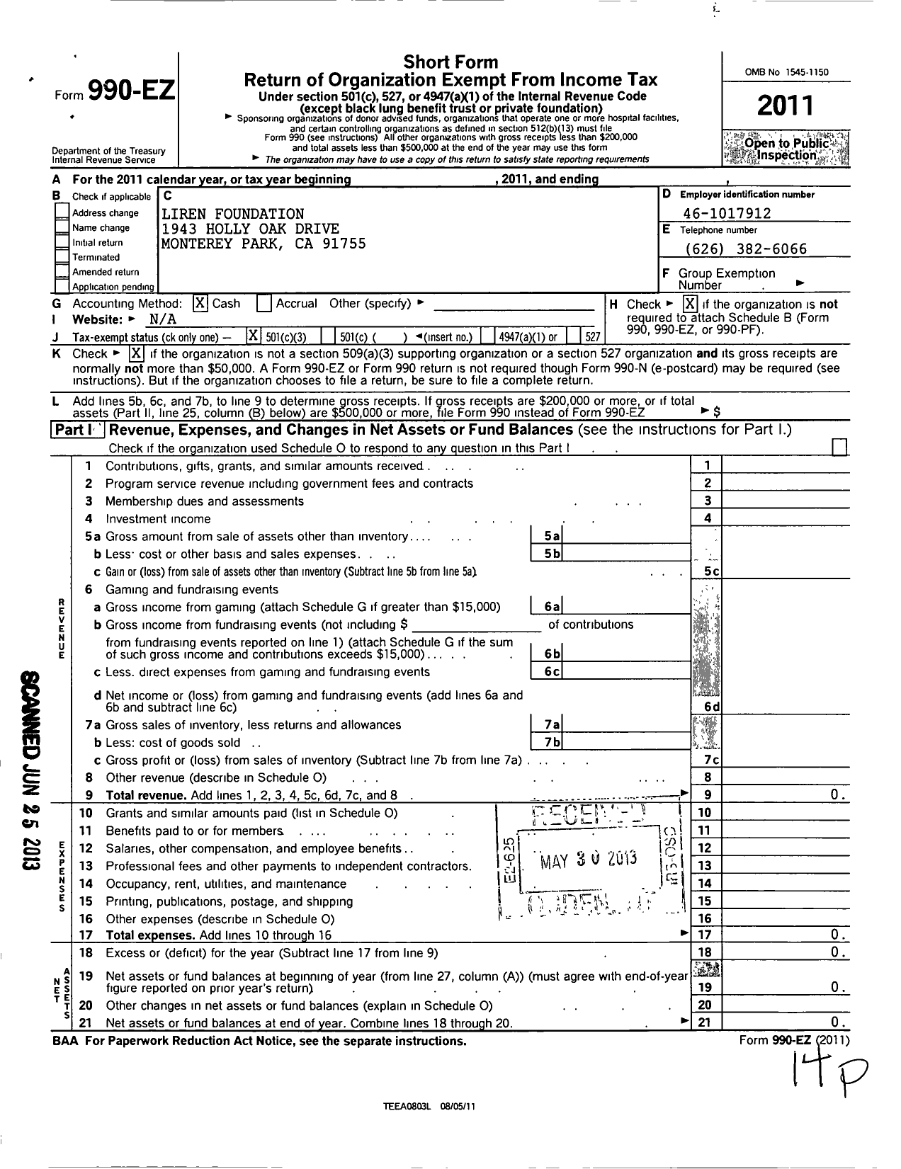 Image of first page of 2011 Form 990EZ for Liren Foundation