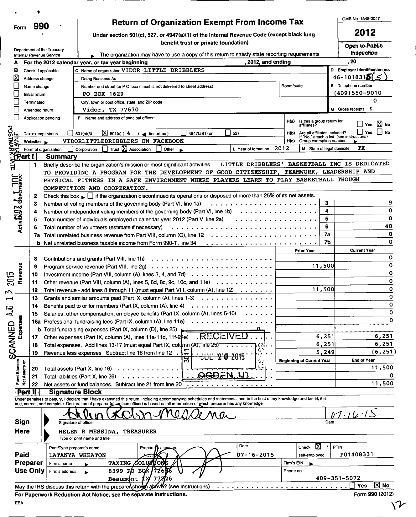 Image of first page of 2012 Form 990O for Vidor Little Dribblers