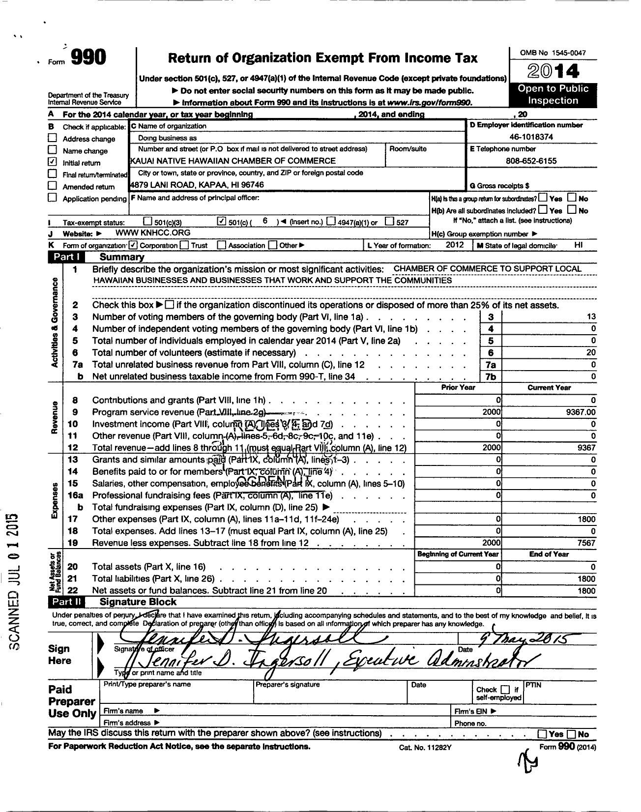 Image of first page of 2014 Form 990O for Kauai Native Hawaiian Chamber of Commerce