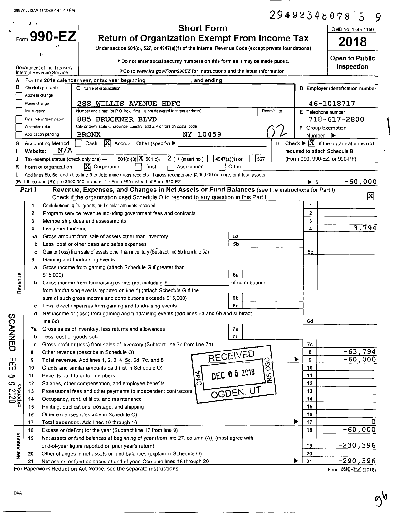 Image of first page of 2018 Form 990EO for 288 Willis Avenue HDFC